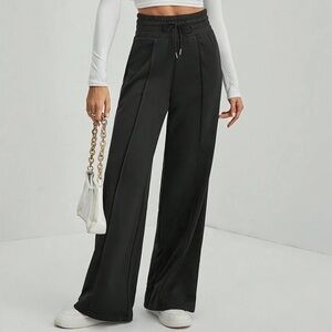 Retro 70s Black Wide-Leg Track Pants Trousers High Waisted S Drawstring
